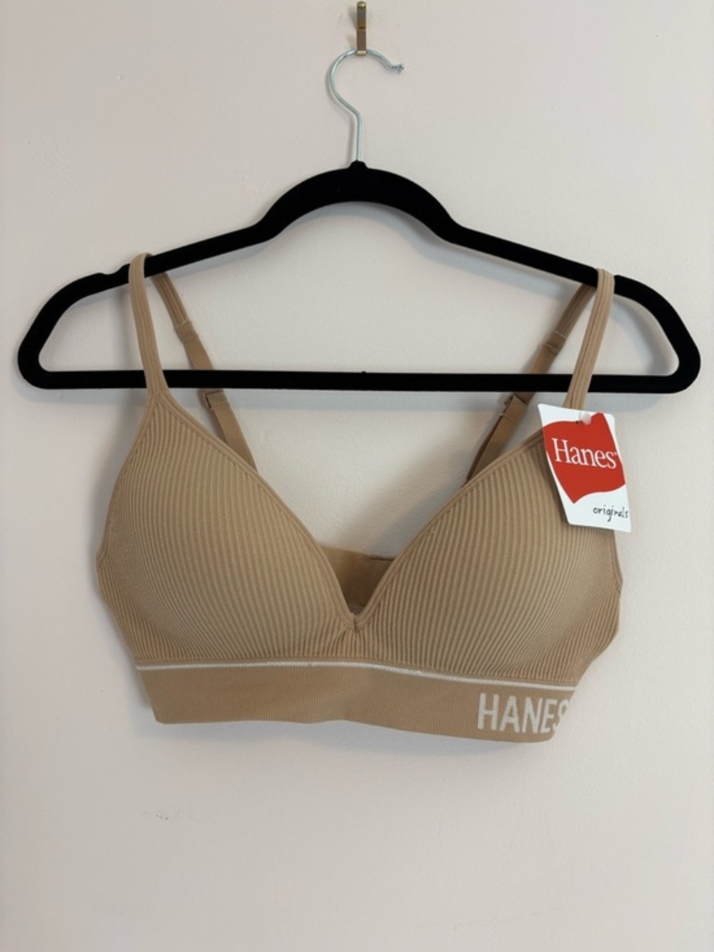 Hanes Ribbed Wireless Bralette in Tan